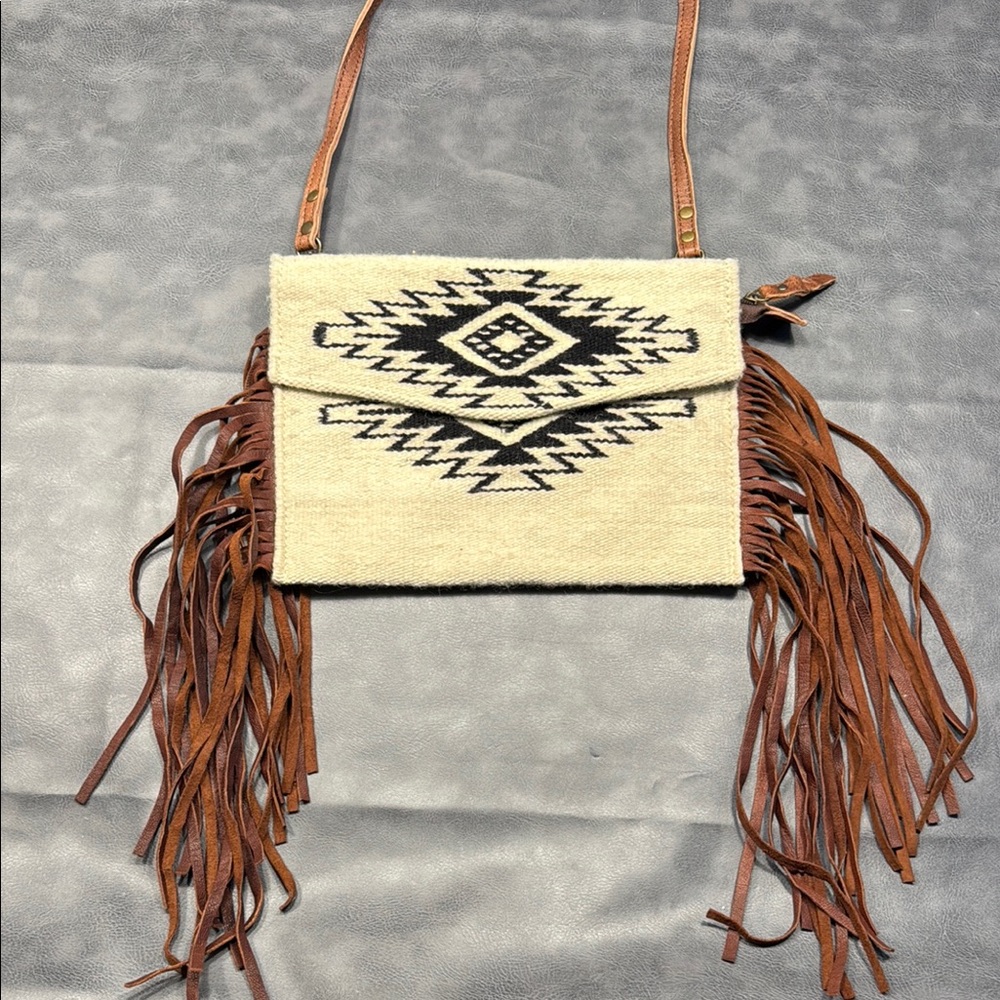 American Darling Cream and Brown Crossbody Bag with Fringe